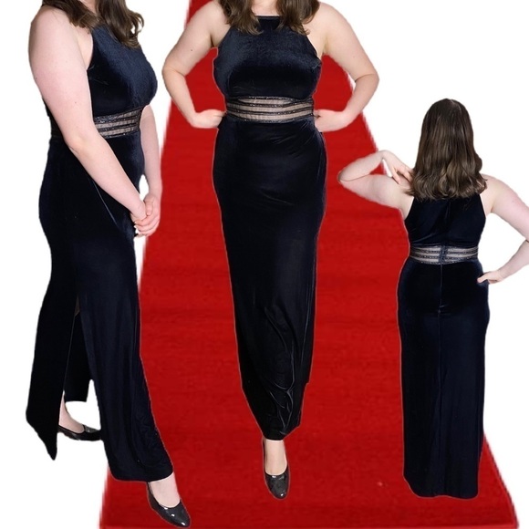 De Laru Black Velvet Maxi Dress with See-Through Waistline Sequins Sz 12, 13-14
